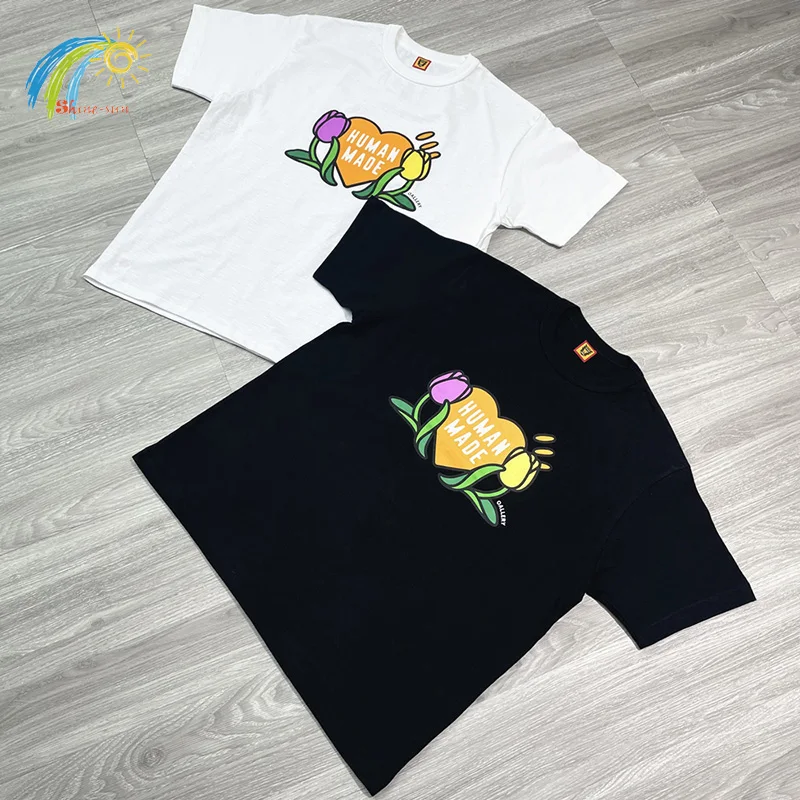 

23SS Hip Hop Casual Tulip Printed HUMAN MADE T-Shirt Men Women High Quality Slub Cotton Oversized Heart Graphic Tee With Tags