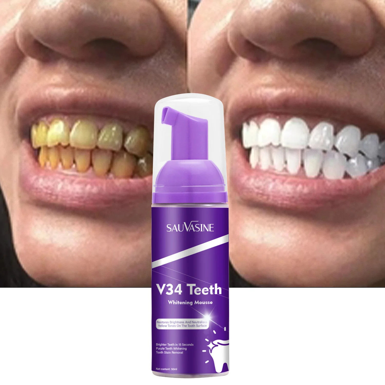 New V34 Teeth Mousse Instant Whitening Yellow Plaque Removal Smoke Stain Dental Cleaning Color Corrector Oral Hygiene Serum 50g