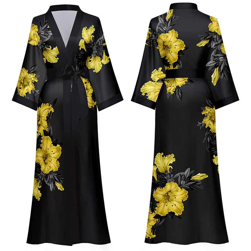 

Print Flower Black Kimono Bathrobe Gown New Women Sleepwear Nightwear Half Sleeve Long Robe Nightdress Casual Rayon Home Wear