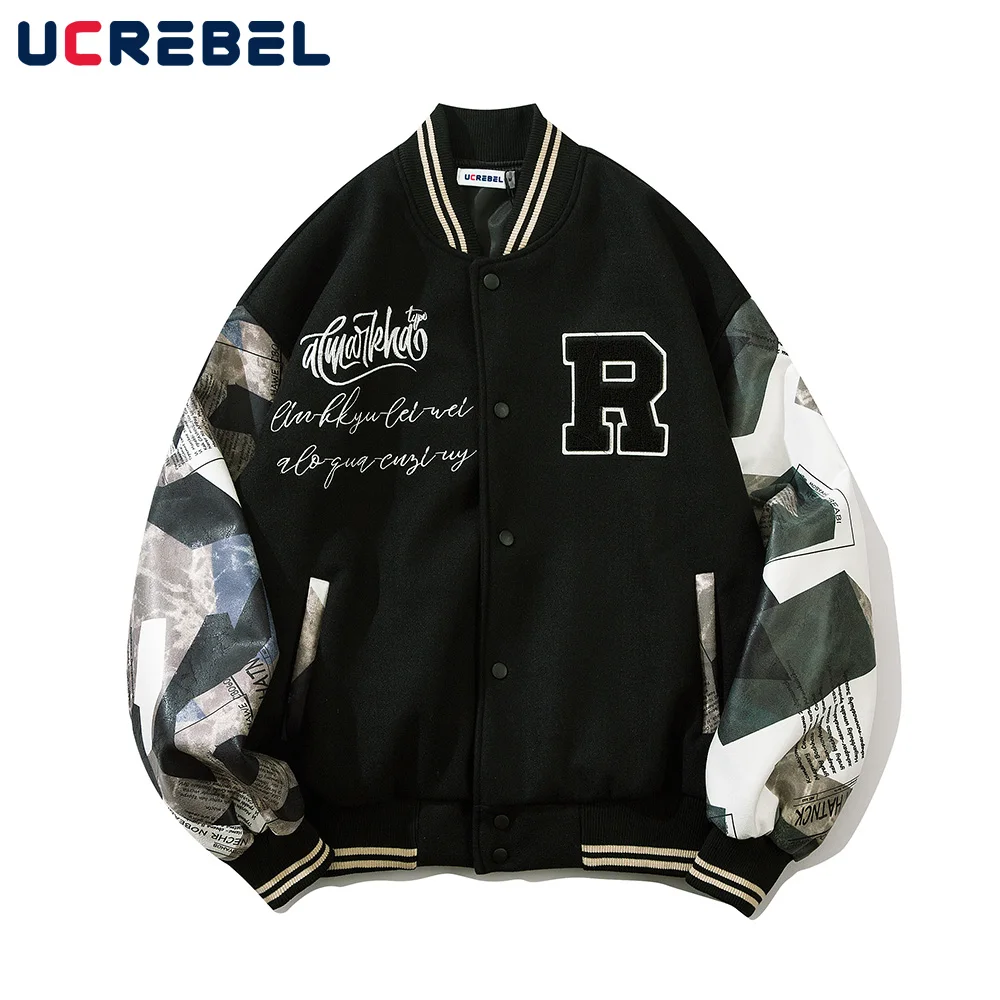 

Letter Embroidery Baseball Uniform Mens Autumn Winter PU Leather Stitching Sleeves Jacket Streetwear Contrast V-neck Outerwear