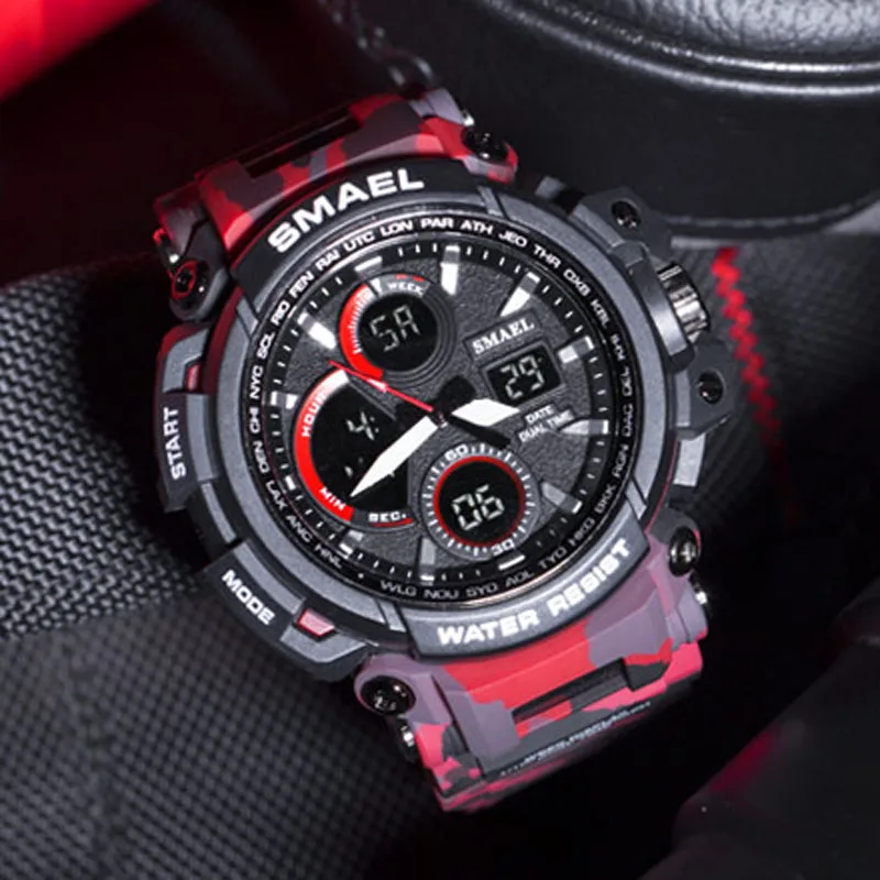

Fashion Red Camouflage Watch Men Sports Watches Smael Led Display Digital Analog Quartz Wristwatches 50M Waterproof Shockproof