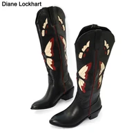 fashion mixed color knee high great quality women shoes plus size 42 43 bow embroider western boots comfy walking corral boots
