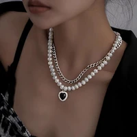 pearl metal necklace clavicle chain black love agate titanium steel not fade hip hop retro baroque party punk senior jewelrygift