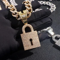 punk thick lock crystal pendant necklace for women men paved rhinestone iced out cuban link chain necklace hip hop jewelry