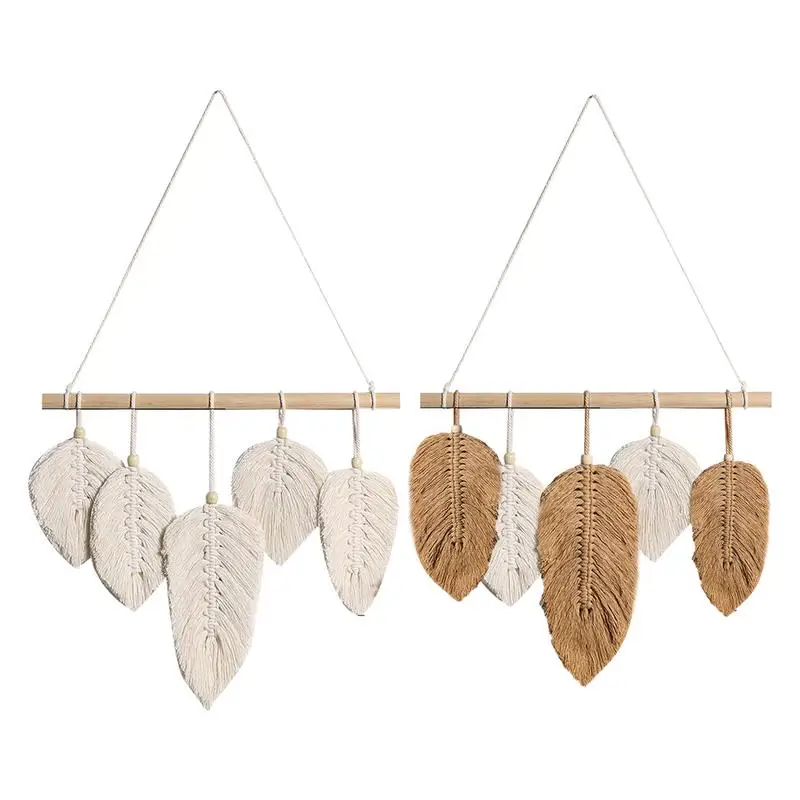 

Nordic Style Boho Wall Hanging Feathers Woven Leaf Tapestries Decoration With Tassels Wall Decor For Home Or Room Decor