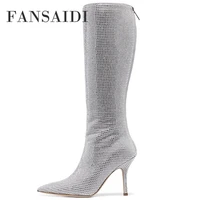 fansaidi fashion female boots winter silver burgundy knee high boots white sexy elegant pointed toe stilettos heels 40 41 42 43