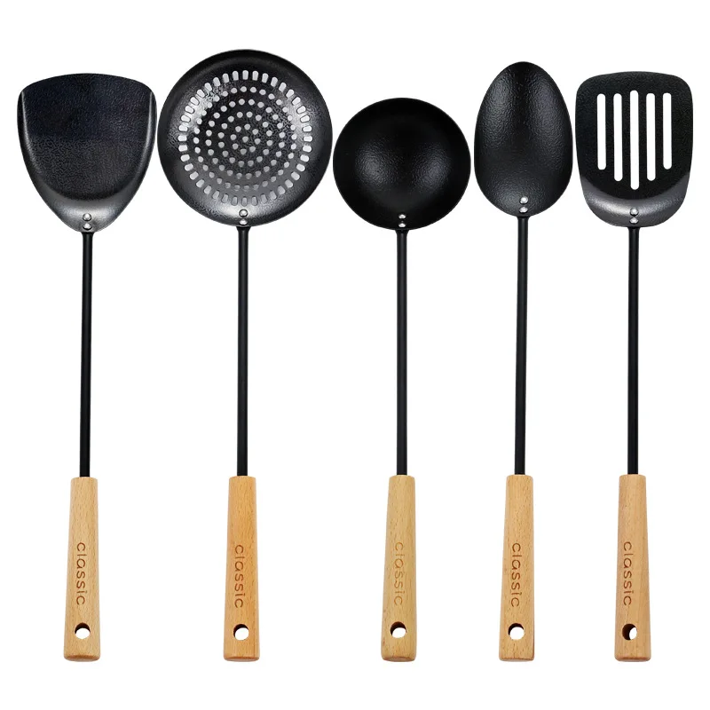 

Long Wooden Handle Metal Frying Spatula Soup Spoon Homehold Cooking Tools Set Food Shovel Colander New Kitchen Accessories