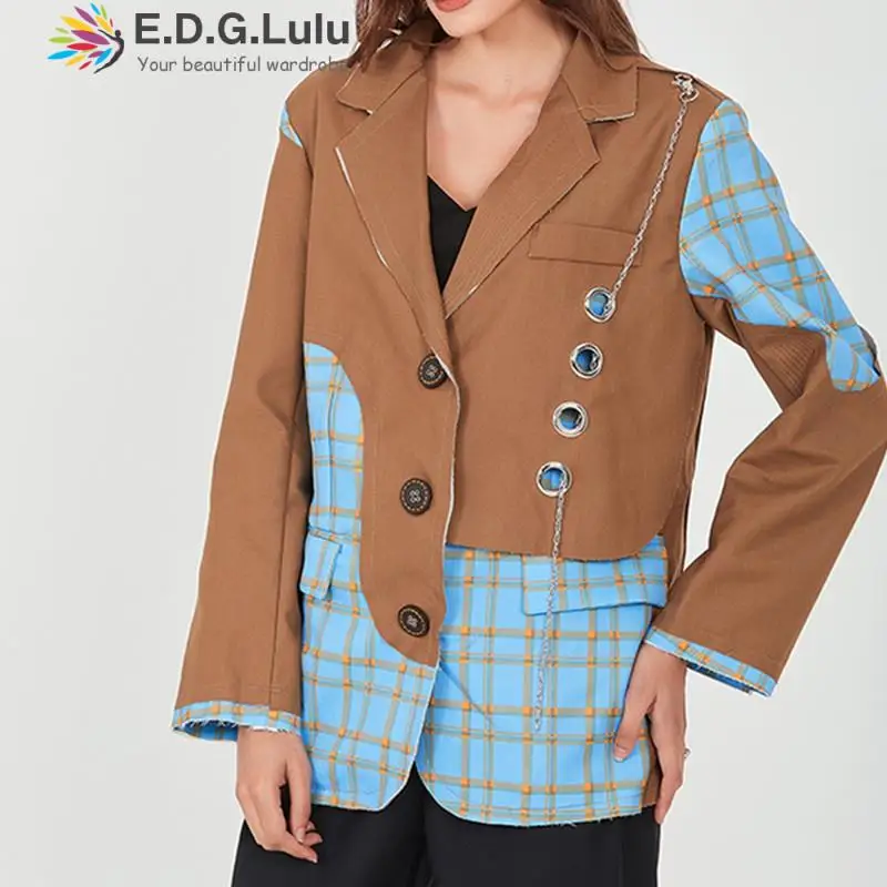 

EDGLuLu Ladies Long Sleeve Light Blue Plaid Patchwork Casual Blazer 2022new Fashion Suits Work Office Blazer Women Coats 0608