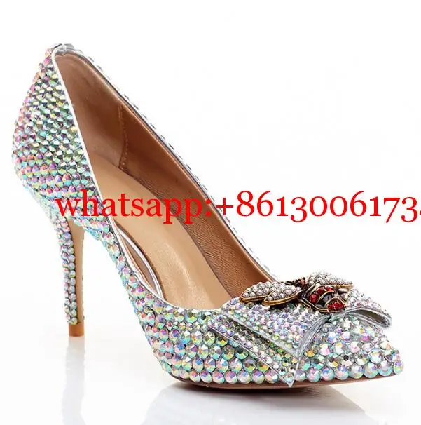 

Bling Bling Woman Rhinestones Pointed Toe Bee Bow Crystal Wedding Shoes Bride Pointed Toe Diamonds High Heel Wedding Shoes