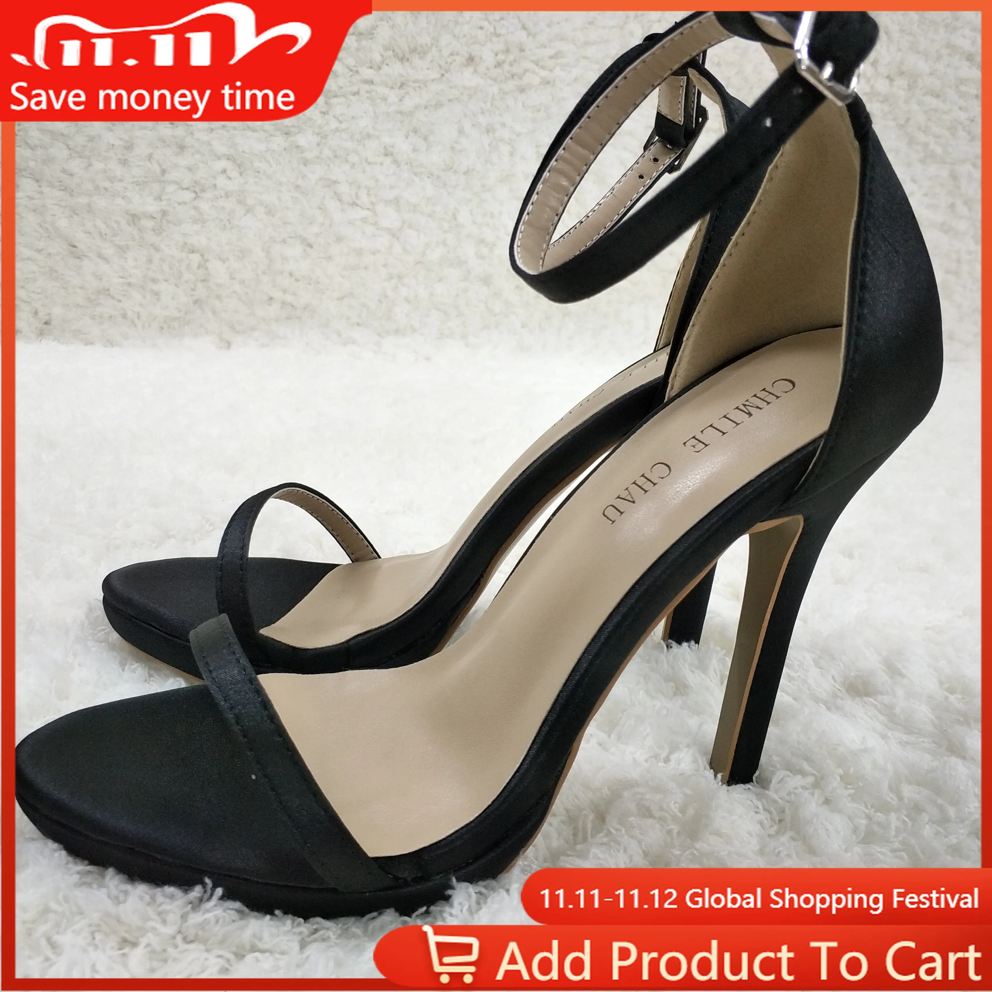 

Women Stiletto Thin High Heel Sandals Sexy Ankle Strap Open Toe Black Satin Fashion Party Bridals Ball Lady Shoe 0640A-13