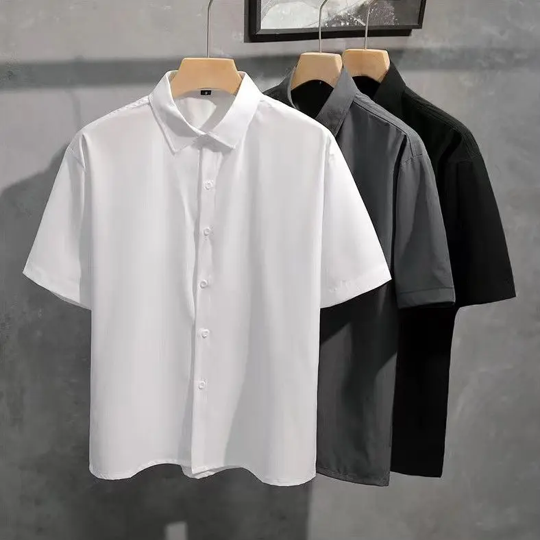 

2023 Short Sleeve Men Solid Shirts Workwear Casual Oversize Blouses Shirt for Men Fashion Male Vintage Korean Tops Clothing A35