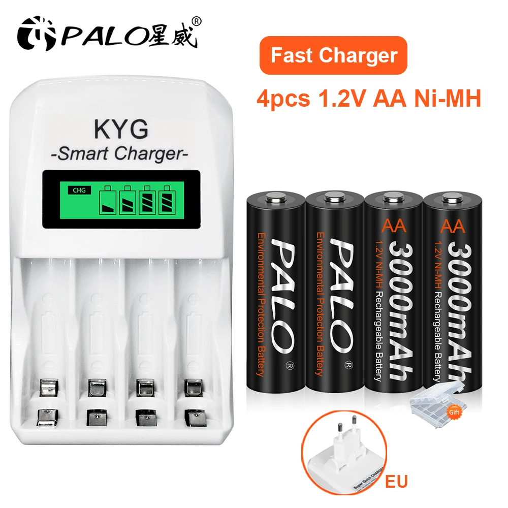 PALO AA Battery NIMH 3000mAh 1.2V 2A Ni-Mh aa Rechargeable Batteries Bateria Baterias and smart battery charger |