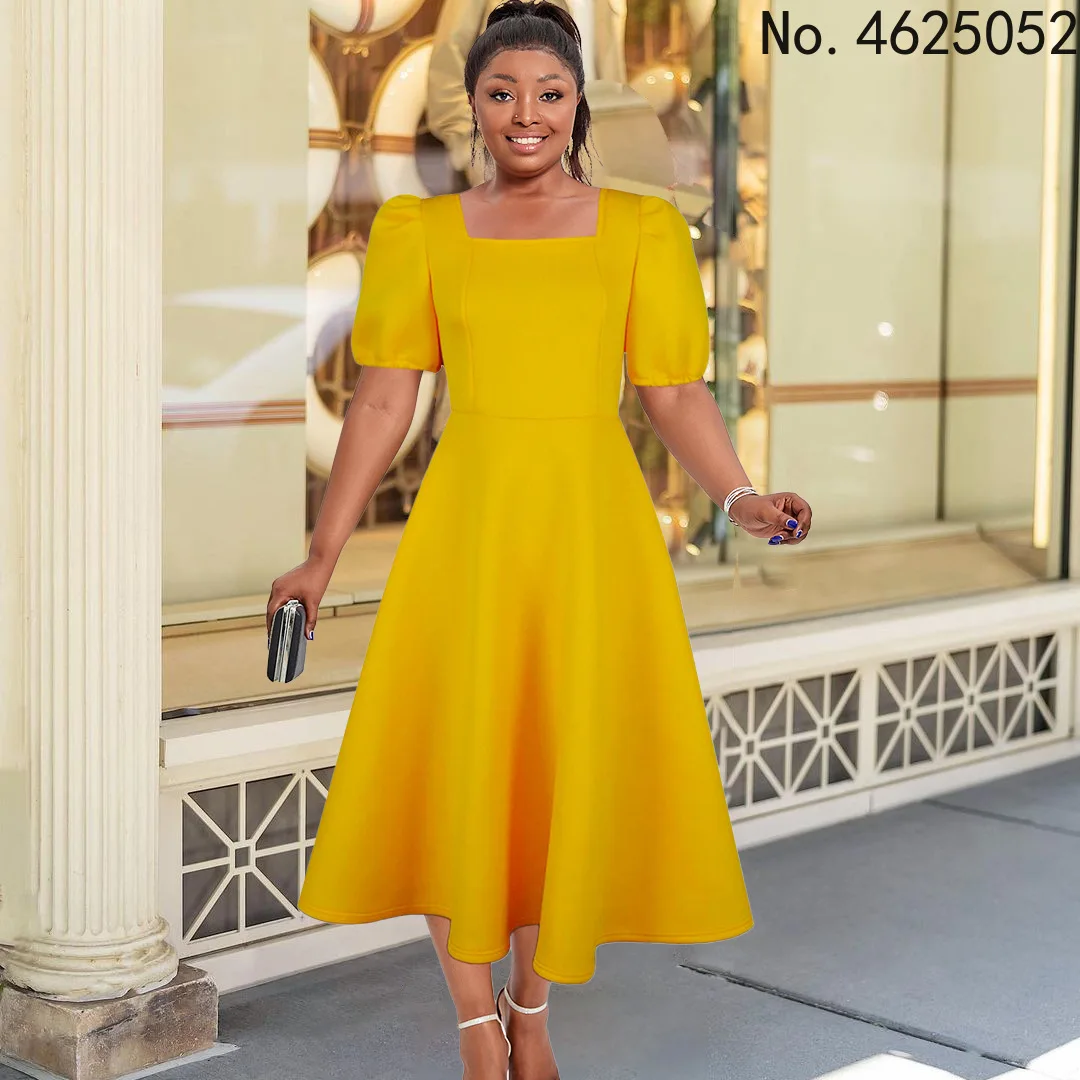

African Dresses for Women Summer African Women Square Collar Short Sleeve Yellow Orange Light Blue Dress African Clothes