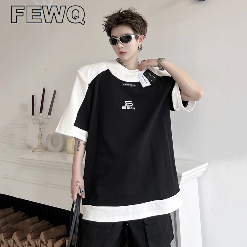 

FEWQ Koerean Men's Stylish T-shirt Summer Fashion Contrast Color Letter Pattern Tee Loose Men's Short Sleeve Top 2023 New 9A8803