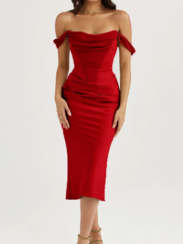 

Women Sexy Off Shoulder Backless Long Dress Spring Draped Solid Slim Bodycon Office Dress Summer Elegant Lady Club Party Dresses