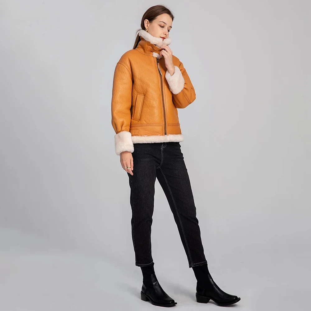 Lady Winter Leather Jackets Shearling Coats Motorcycle Genuine Sheepskin Leather Wool Fur Lining Warm Overcoats 2022 New 3628