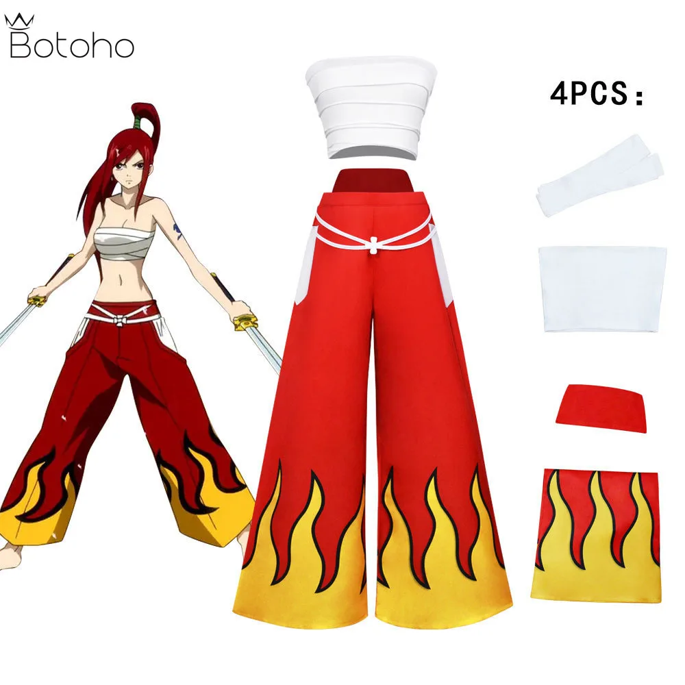 

New Anime Fairy Tail Cosplay Costume Erza Scarlet Cosplay Costume Japanese Men Women Halloween Clothes White Tube Tops Pants Set