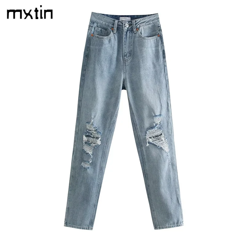 

2022 Women Autumn Vintage Ripped Hole Jeans Pants Fashion Zipper Fly High Waist Pockets Street Style Female Ankle Trousers Mujer