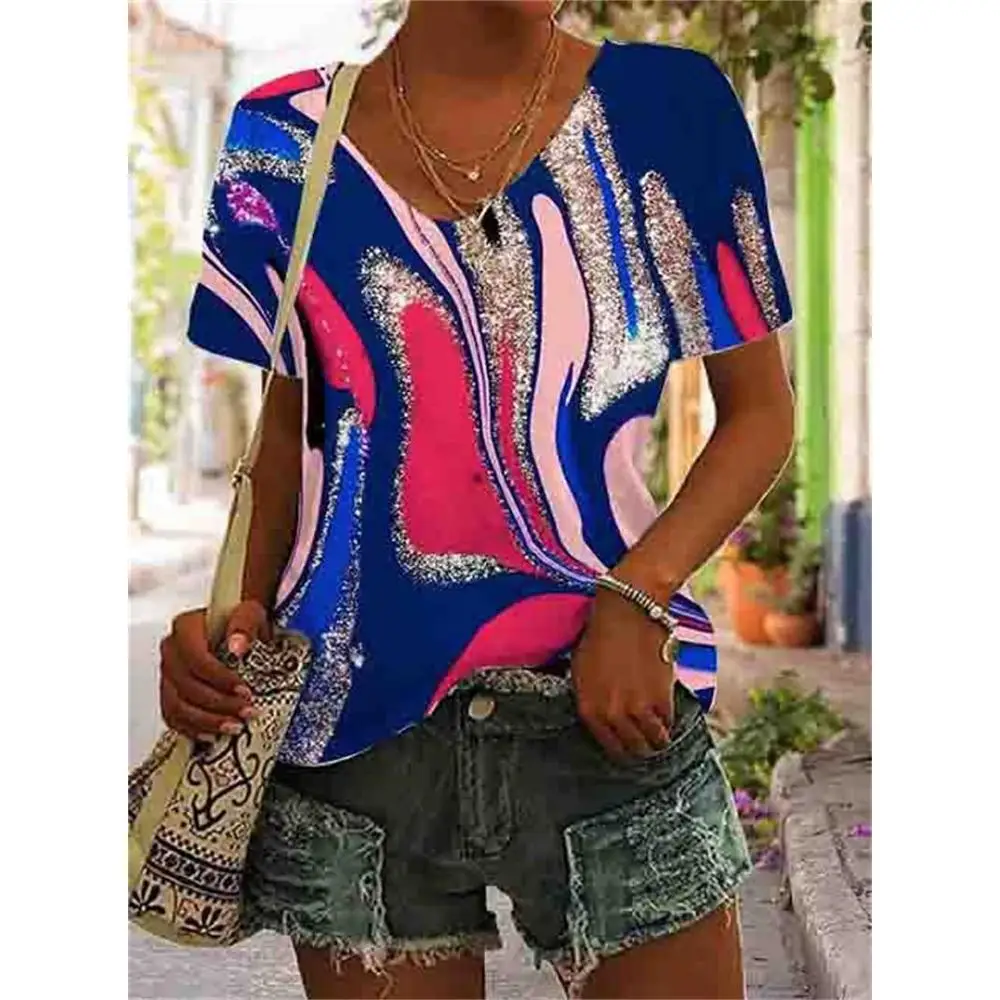 

Striped Women's T-shirt Plaid Print Top Tees Women V-neck Fashion Pullover Harajuku Clothes Summer Oversized Short Sleeve