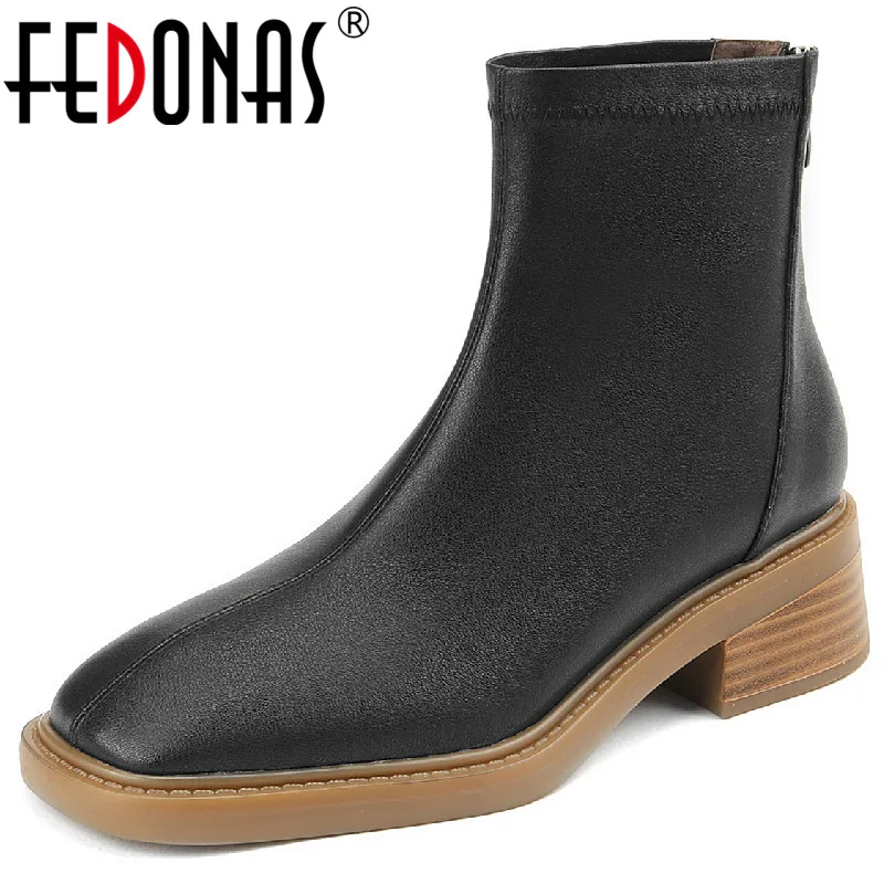 

Женские полусапожки из натуральной кожи FEDONAS, черные ботильоны на низких каблуках, Повседневная офисная обувь на молнии сзади на осень и зим...