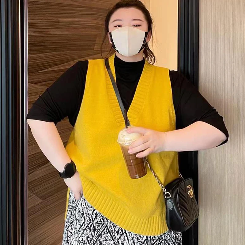 

Women Big Size Knitted Sweater Vest 2022 Spring Autumn Oversize Vintage Sweater Sleeveless Girls V-Neck Pullover Tops Outerwear