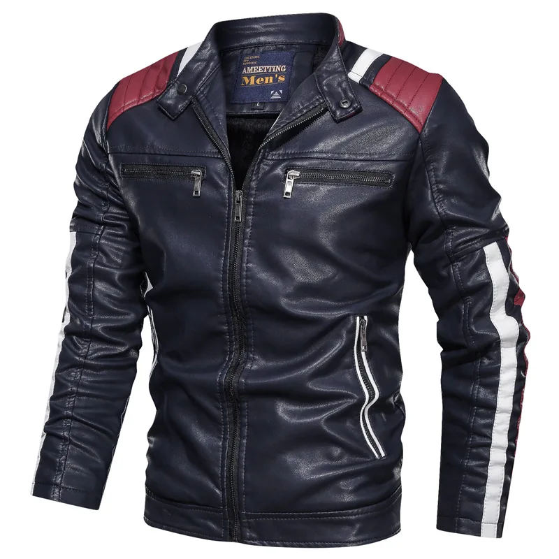 

New Men's Leather Jacket Coat Male 6XL Matching Stand Collar Streetwear PU Leather Causal Bike Jacket Men Brand Clothing AF9016
