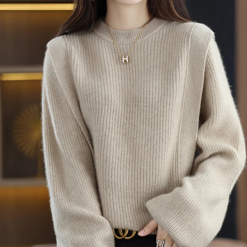 Fall/Winter 100% Pure Wool Sweater Casual Solid Knitwear Pull Round Neck Women's Tops Loose Pullover Thickened Cashmere Blouse
