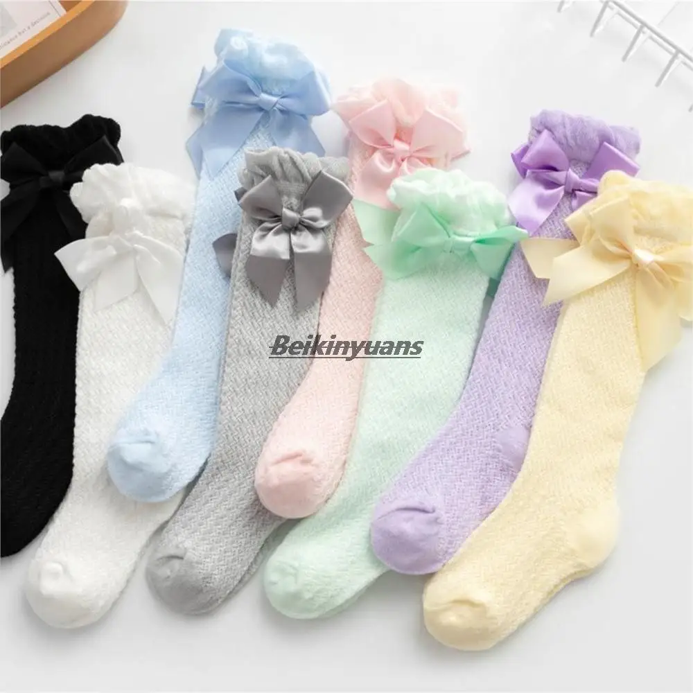 

Baby Girls Mesh Socks Summer Babies Knee High Socks Princess Bow Dess Sock Vertical Stripe Anti-Mosquito sock