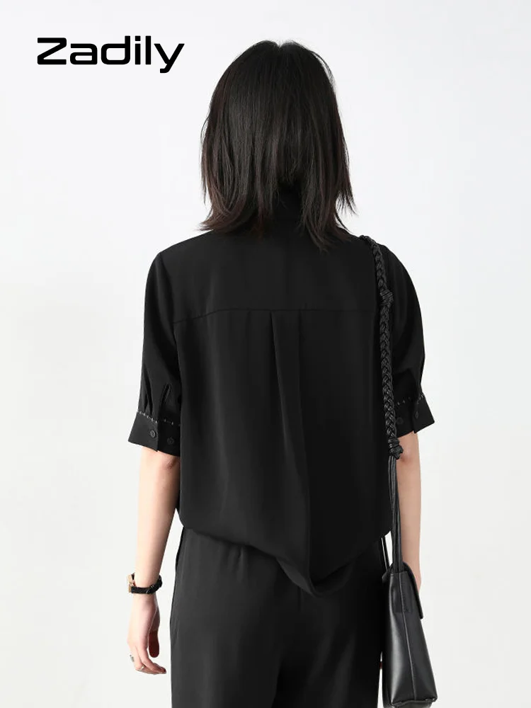 Женский минималистичный стильный черный шифоновый топ с коротким рукавом летняя