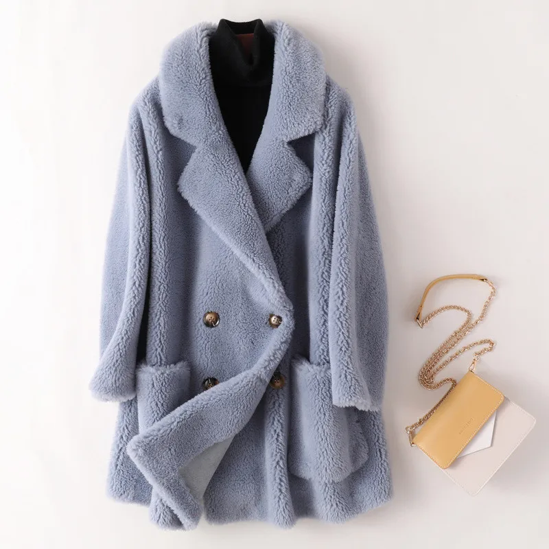 Fur Wool Jacket Women Autumn Winter Fashion Granule Sheep Shears Coat Korean Double Breasted Overcoat Loose Ladies Clothes G1319