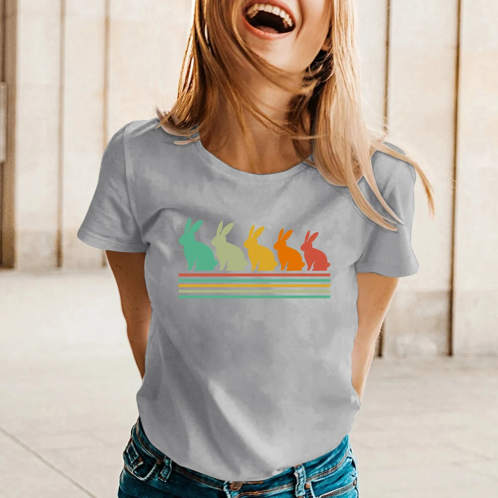 

Womens Spring Summer Rabbit Printed Short Sleeve O Neck T Shirt Top V Neck Tee Graphic