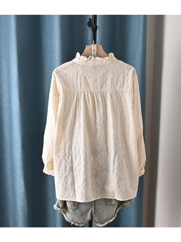 -Long Sleeve Cotton Shirt Unique Art Embroidery Ruffled Collar Cute Buttons Mori Blouse