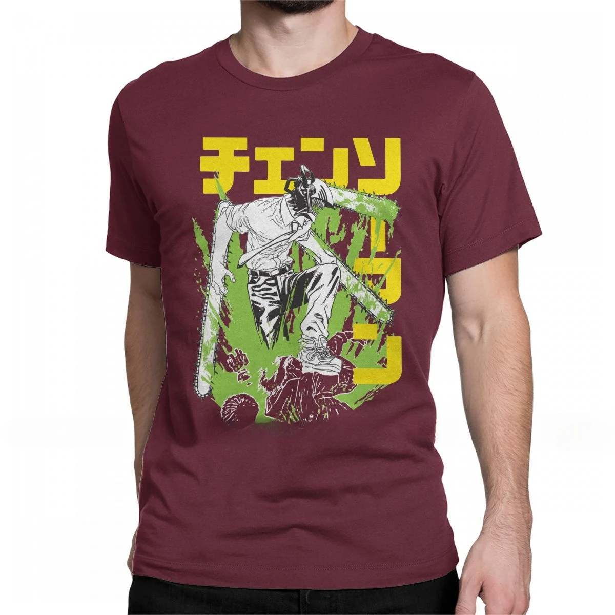 Тяжелая неформальная Мужская футболка Denji с Бензопилой 100% хлопок крутая круглым