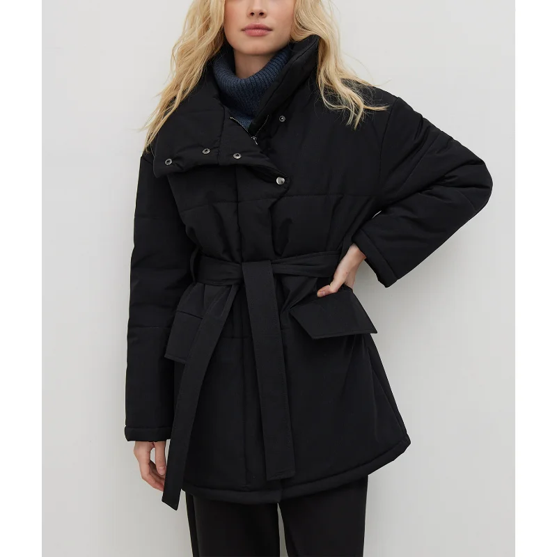 Button High Stand Collar Parkas 2022 American Women's Temperament Soft Warm Windproof Belt Cotton Padded Jacket Office Lady Coat