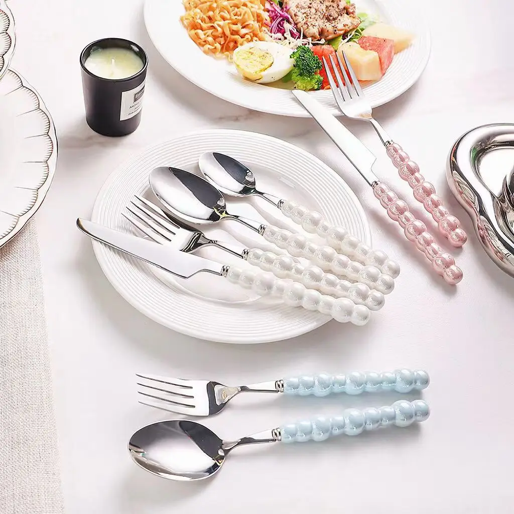 

Fashion Ceramic Handle Pearl Cutlery Set 18/10 Stainless Steel Creativity Gift Flatware Colorful 304 Knife Fork Spoon Drop Ship