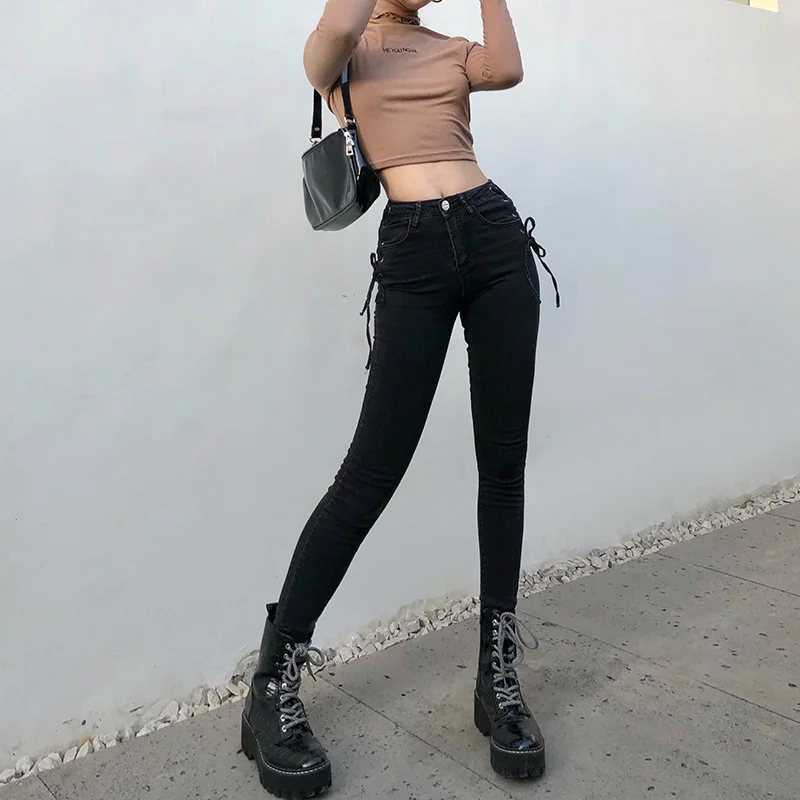 2023 Women's Spring and Fall Side Straps Tight Thin Pencil Pants Foot Pants Female Solid Trouser Korean Chic Black Denim Jeans