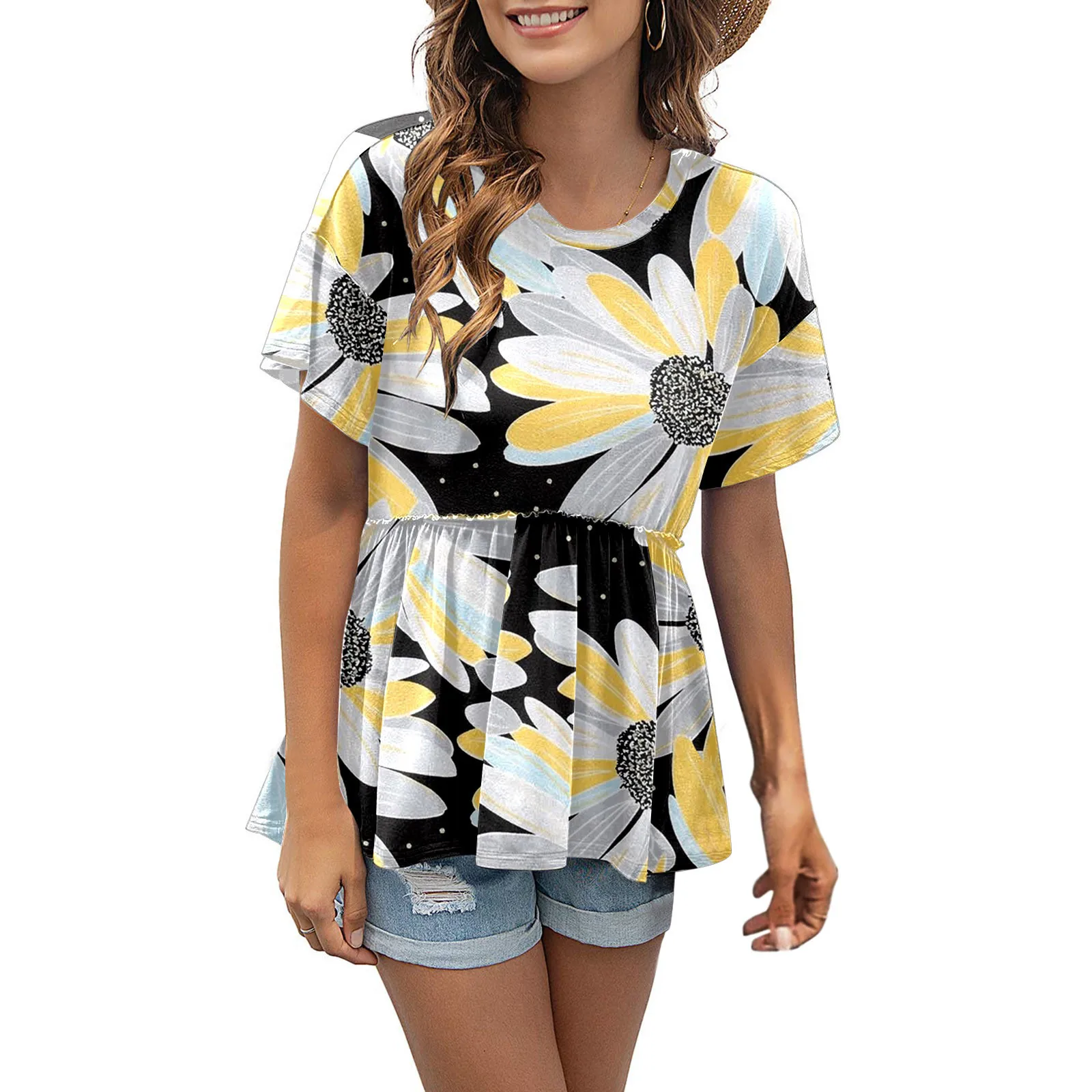 

Women Casual O Neck T Shirt Loose Top Ruffle Hem Sunflower Print Short Sleeve Shirt Top Compression Undershirt Long Sleeve