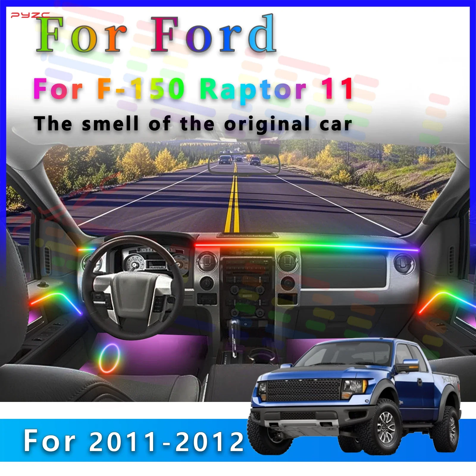 Фото Для Ford F-150 Raptor 11-го поколения, динамическое освещение, светодиодное внутреннее декоративное освещение, 64 цвета, RGB акриловая полоса с управлением через приложение №1