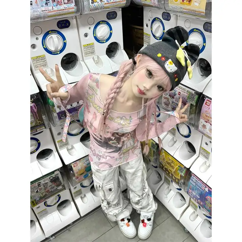 Sweet Gyaru розовая сетчатая рубашка с длинными рукавами и рисунком субкультуры