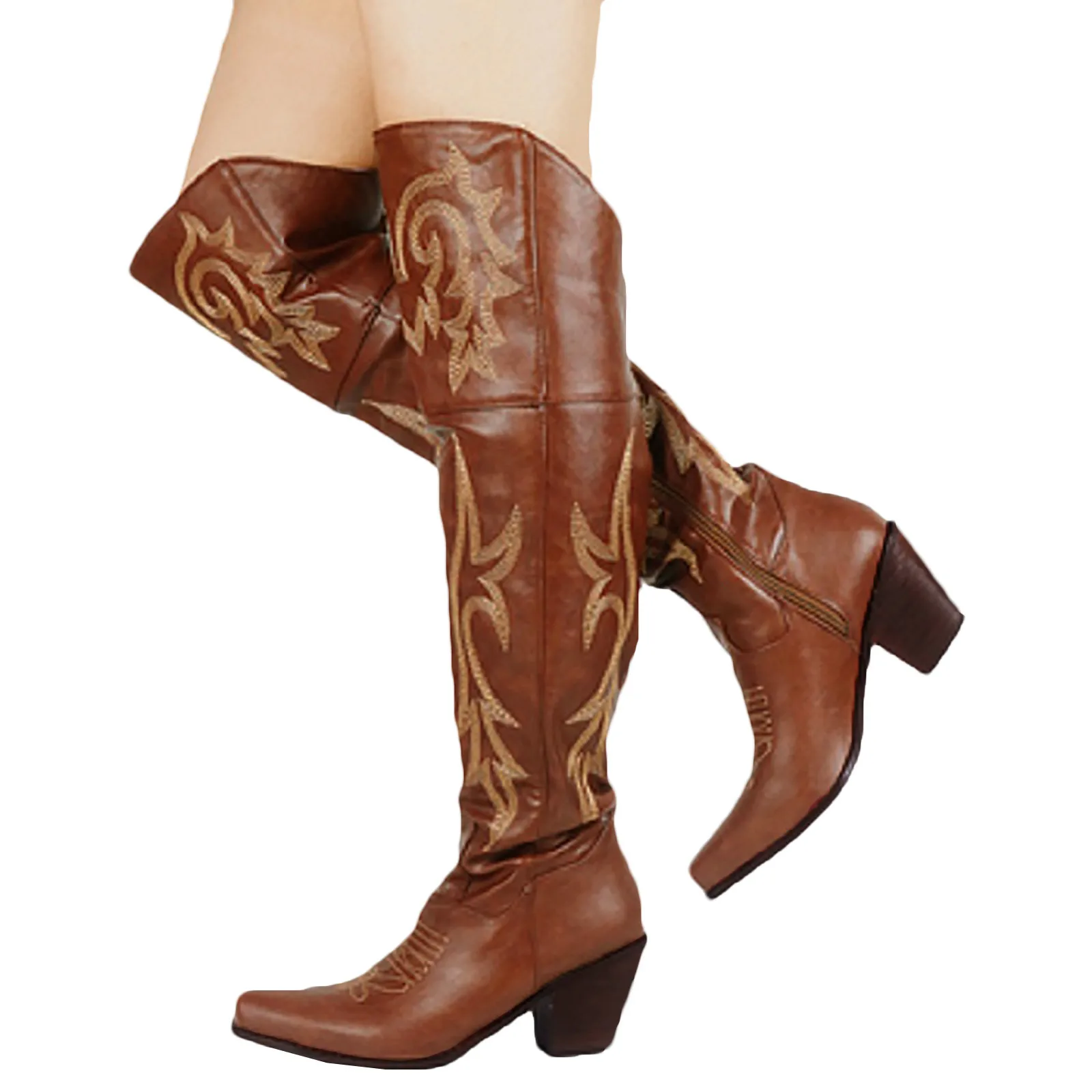 

Женские сапоги до бедра, коричневые винтажные кожаные сапоги до колена на квадратном каблуке, на молнии, с пряжкой, сохраняющие тепло, с круг...