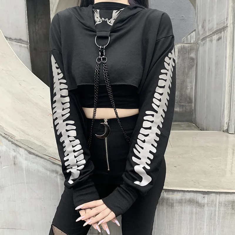 

Metal Chain Fashion Print Cropped Black Goth Hoodie Women Fall 2021 Punk Techwear O-neck Reflective Clothes Autumn Sweatshirt