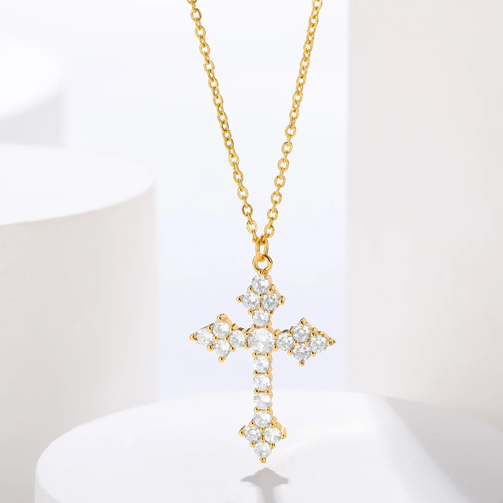 

Gold Color Cross Necklace for Women Copper Inlaid Zircon Fashion Pendant Use an O Chain Cheap Fashion Jewelry Collection