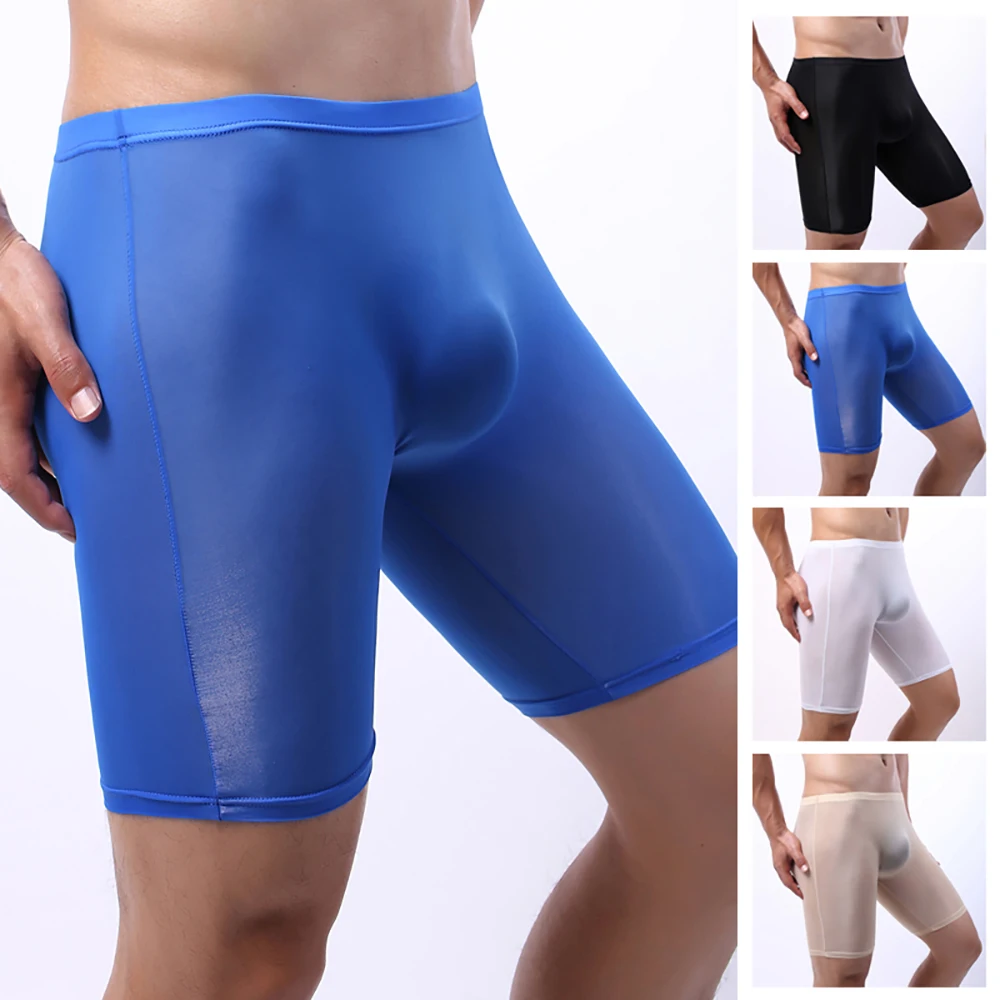 Sexy Underwear Men Boxers Shorts Transparent Panties Man Ice Silk Breathable Pouch Long Leg Elastic Underpants