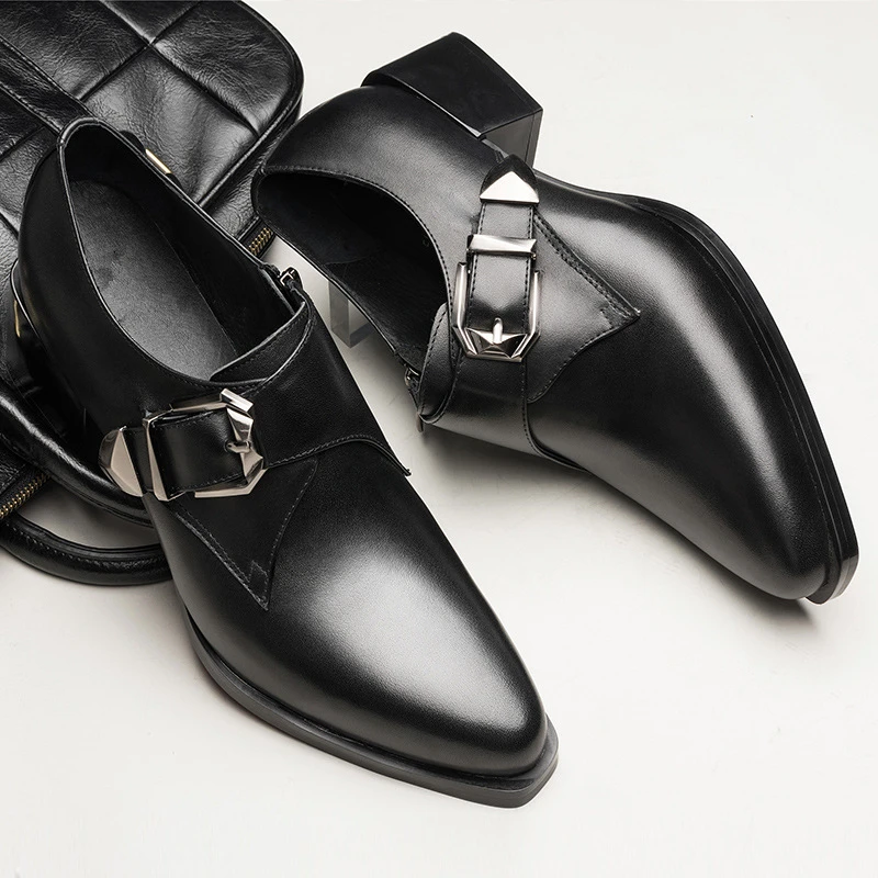 

Мужские туфли-оксфорды из натуральной кожи, с металлической пряжкой и острым носком