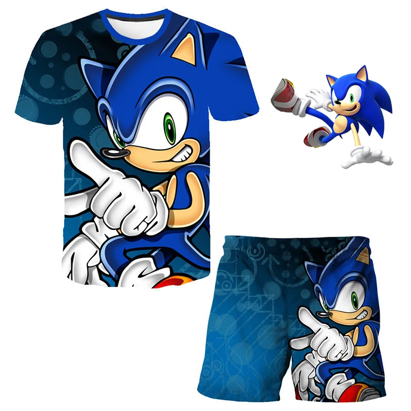 

Лидер продаж 2023, крутая футболка с коротким рукавом и изображением Ежика Sonic, летний комплект из двух предметов с 3D-принтом для мальчиков и девочек, одежда для отдыха