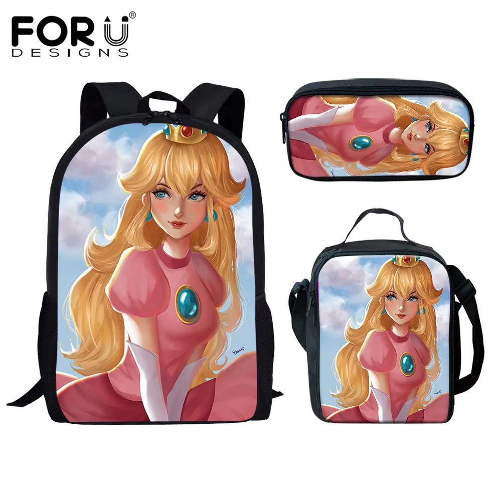 

FORUDESIGNS Cartoon Peach Princess Printing Shool Bags Set for Girls Capacity Student Backpack 3Pcs Youth Christmas Backpacks