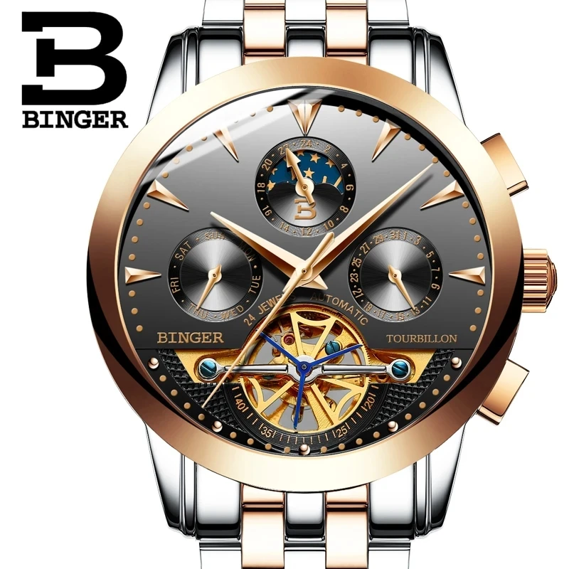 

luxury men's watch BINGER brand Tourbillion Mechanical Wristwatches Sapphire full stainless steel Clock Male Calendar Moon Phase