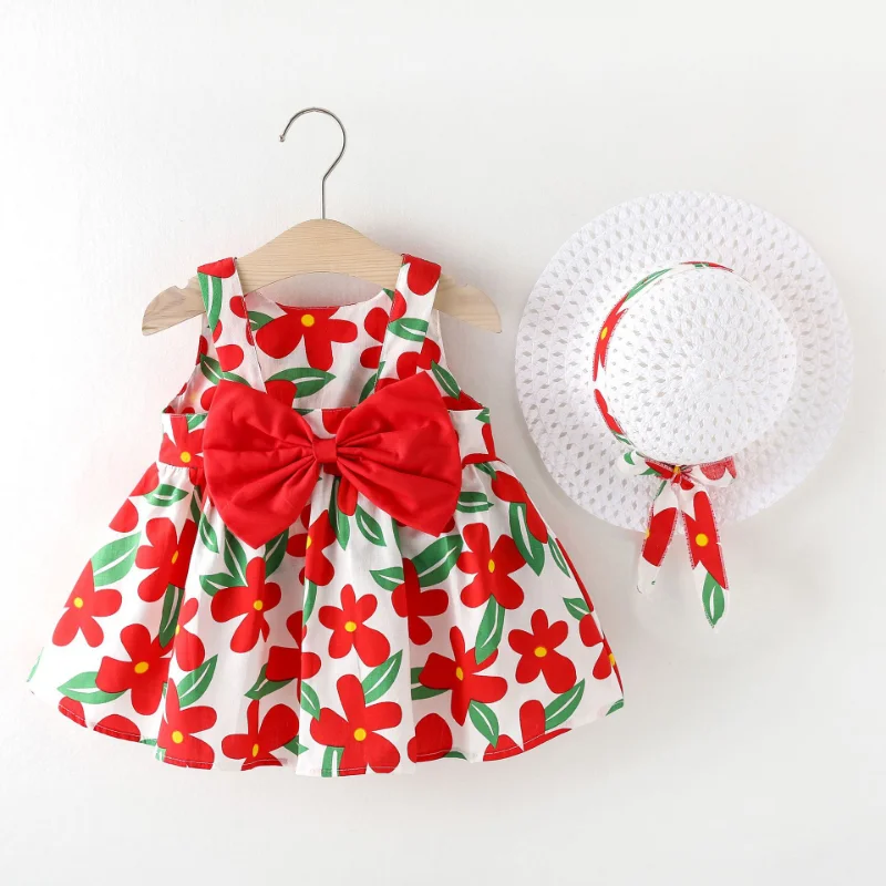 

2PCS Summer Baby Girls Dress Sweet Bow Flower Sleeveless Dress For Girls Baby Girl Clothes Party Dresses + Hat 0 - 3 Years
