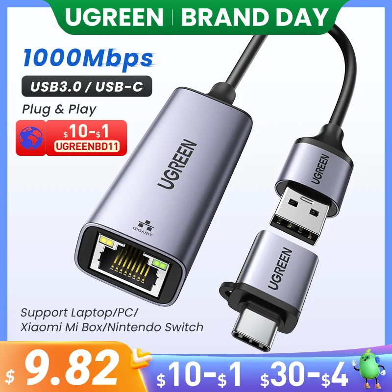 Ugreen Usb Ethernet Adaptador Usb 3.0 Placa de Rede para Usb Rj45 Lan para Windows 10 Xiaomi mi Caixa s Nintend Switch Ethernet Usb