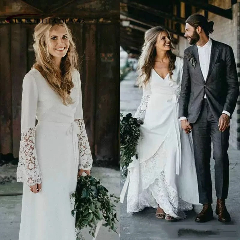 

Boho Wedding Dress For Brides Gown Bohemian Sexy V Neck Lace Satin Tiered Flared Sleeves Beach Feestjurken Vestidos Femininos Pa